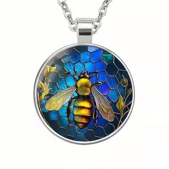 Silver BEE Glass Cabochon Pendant Necklace - Picture 3 of 3